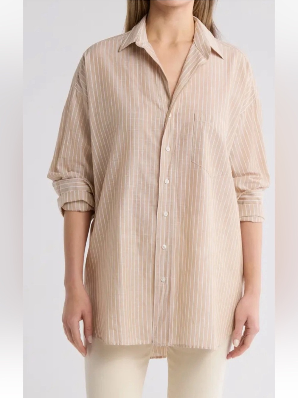 FRANK AND EILEEN Shirley Sand Strip Print Relaxed Button Up Shirt Size Small